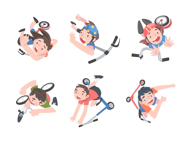Niño y niña cayendo de scooter y bicicleta como conjunto de vectores de situación traumática