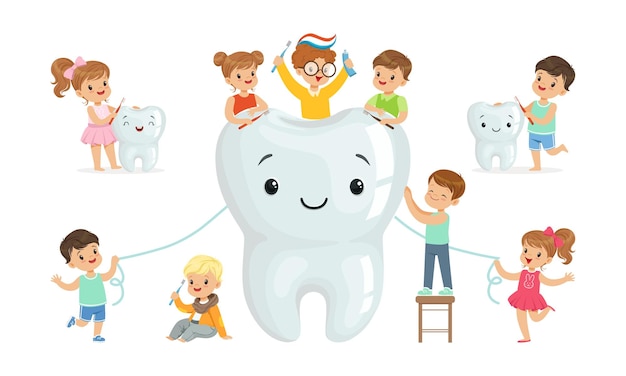 Un niño y una niña se cepillan los dientes con pasta de dientes y un set de cepillo de dientes vectorial