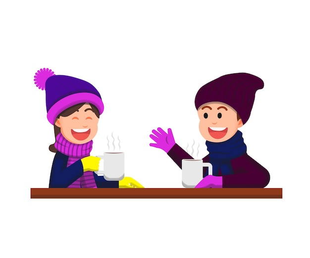 Niño y niña charlando juntos en invierno con una bebida caliente