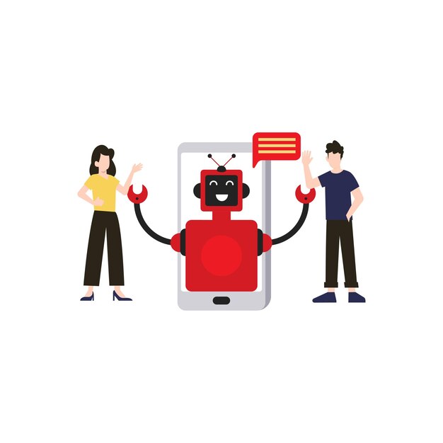 Niño y niña chateando con robot en el móvil