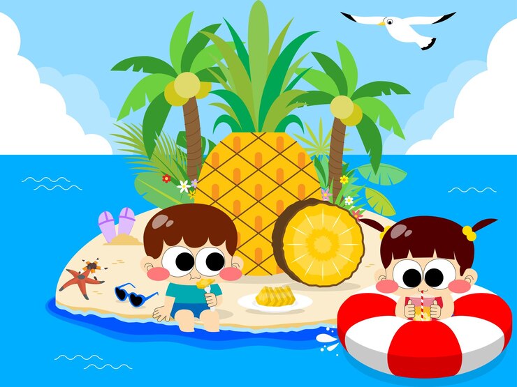 Un niño y una niña comiendo piña.