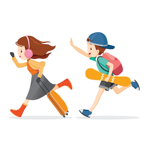 Niño y niña corriendo para viajar