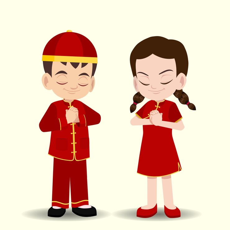 Niño y niña de corte saludan el Año Nuevo Chino con ropa tradicional