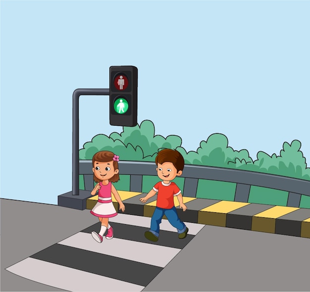 Vector niño y niña cruzando la calle en la ilustración de vector de paso de peatones