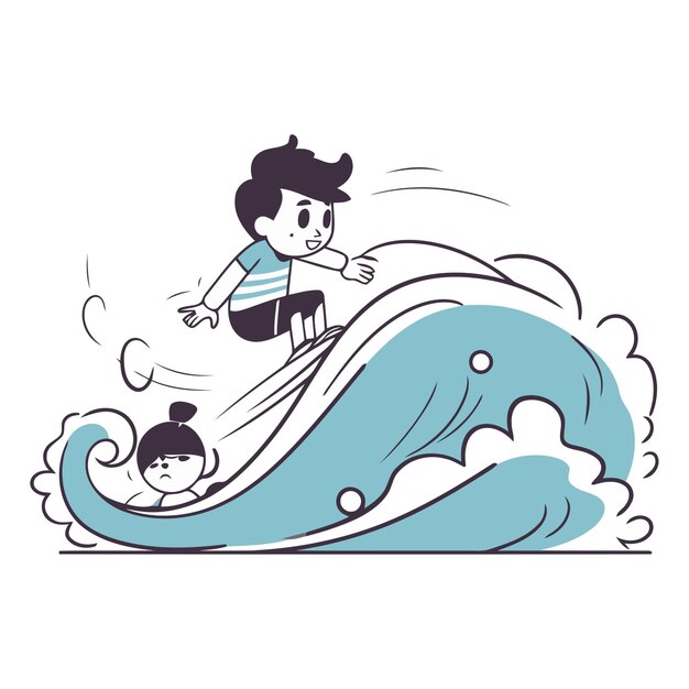 Vector niño y niña de dibujos animados surfeando en las olas