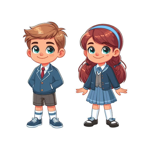 niño y niña de dibujos animados en uniforme escolar Ilustración vectorial