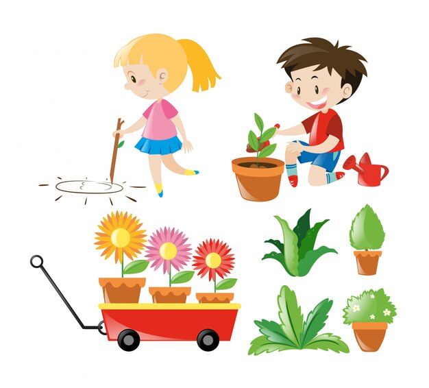 Niño y niña con diferentes plantas