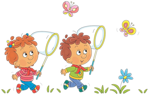 Un niño y una niña divertidos atrapando mariposas con redes de mariposas en un día de verano en el campo