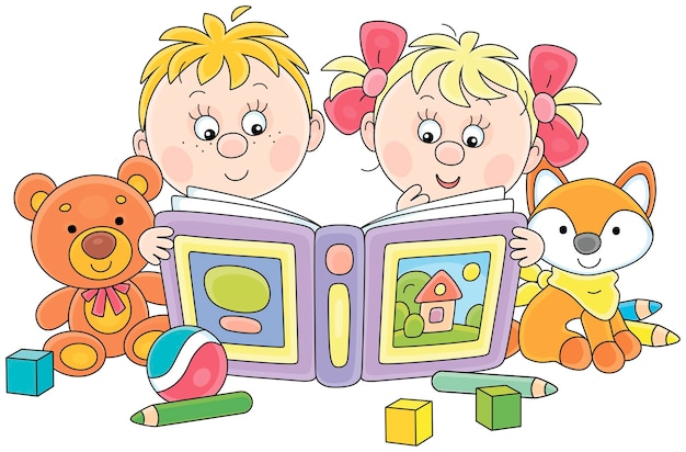 Vector un niño y una niña divertidos leyendo un interesante libro de cuentos de hadas entre juguetes divertidos en una guardería