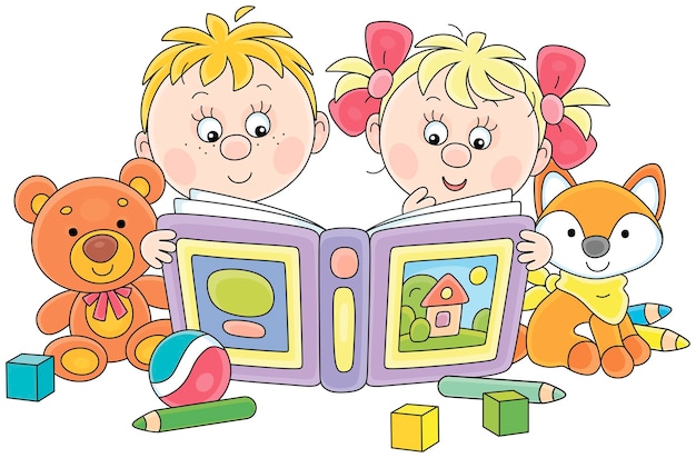 Un niño y una niña divertidos leyendo un interesante libro de cuentos de hadas entre juguetes divertidos en una guardería