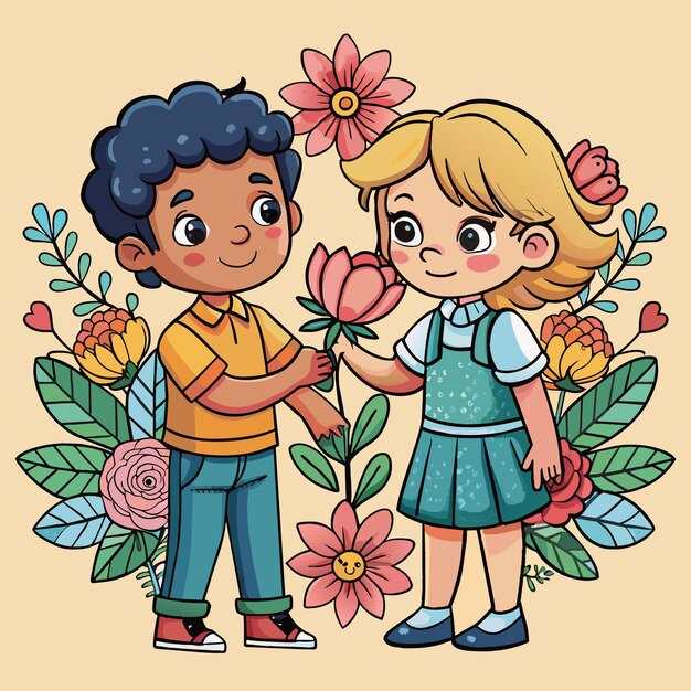 Vector un niño y una niña están posando con flores y una chica sosteniendo una flor rosa