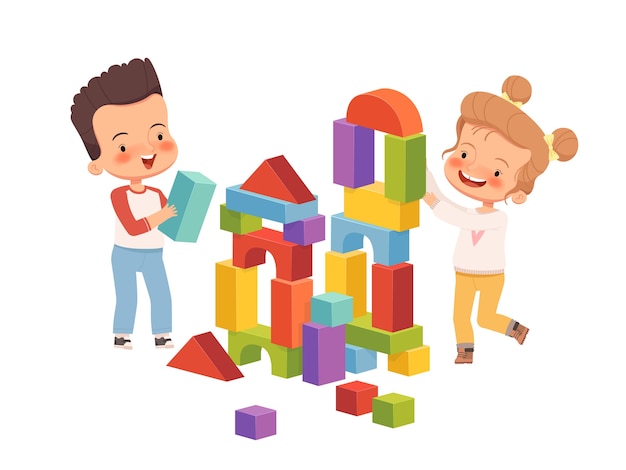 Niño y niña están sonriendo y construyendo una torre de bloques para niños. Los niños juegan juntos de forma amistosa y divertida. Aislado en un fondo blanco.
