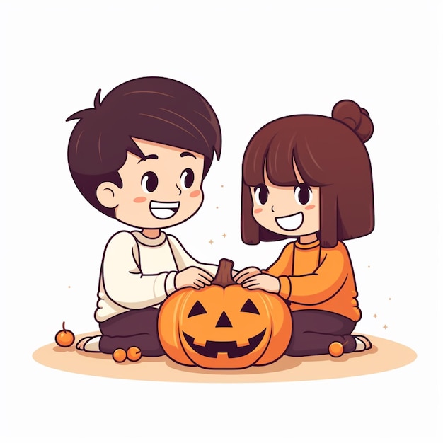 Un niño y una niña están tallando calabazas preparándose para el día de halloween.