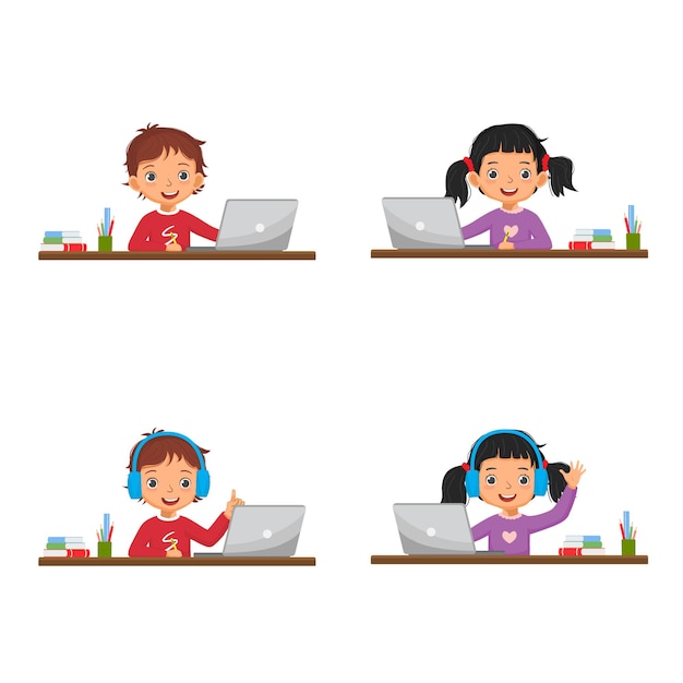 Niño y niña estudian en línea desde casa usando la computadora portátil