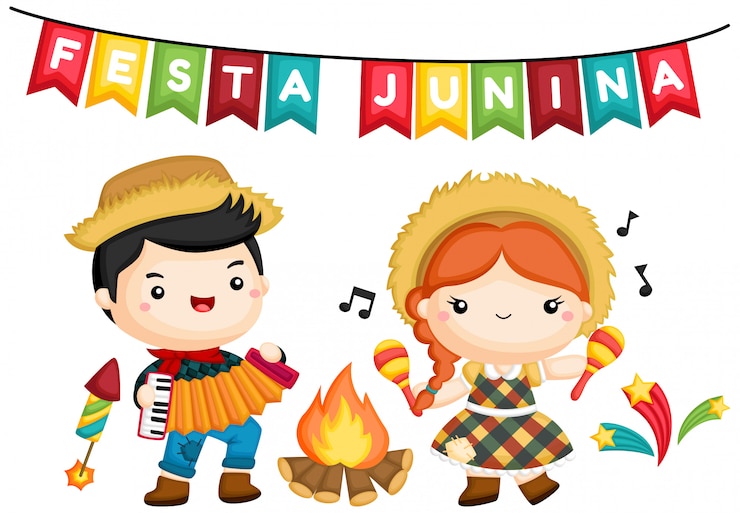 Vector una de un niño y una niña en la fogata durante la festa junina
