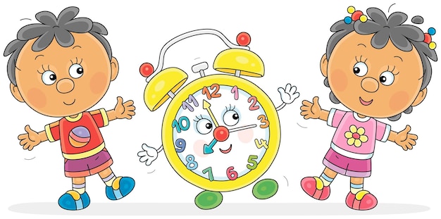 Niño y niña haciendo ejercicios matutinos juntos con un gracioso personaje de dibujos animados del despertador
