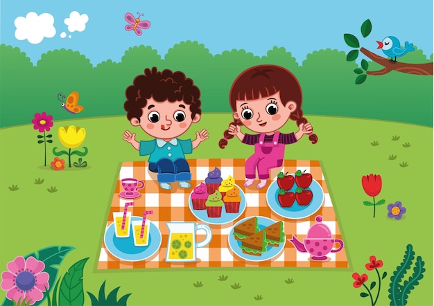 Un niño y una niña haciendo un picnic ilustración vectorial