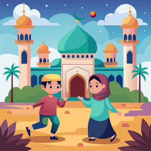 Vector un niño y una niña jugando alegremente en el patio de una mezquita un niño y unha niña jugado juntos en el pati o de una mezquina ilustración vectorial plana simple y minimalista