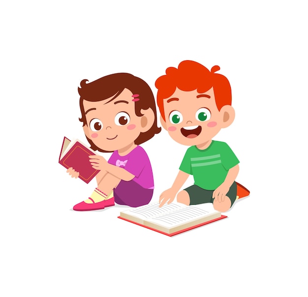 Niño y niña leen un libro juntos