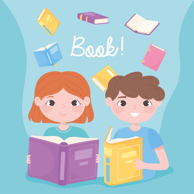 Niño y niña leen libros aprenden y educación académica diseño ilustración