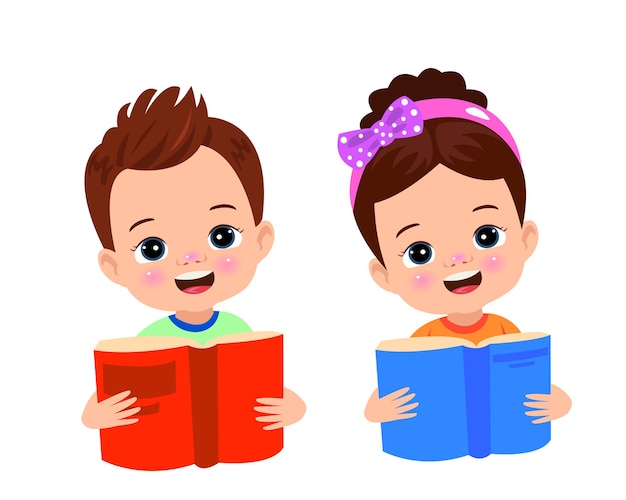 Vector niño y niña leyendo un libro.