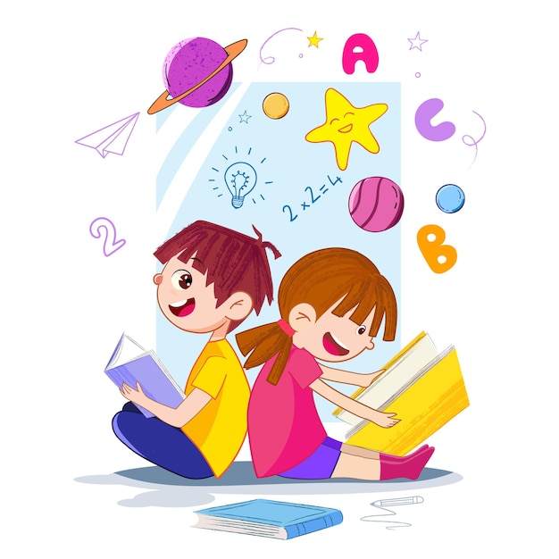 Vector niño y niña leyendo libros de ciencia con letras, números y planetas