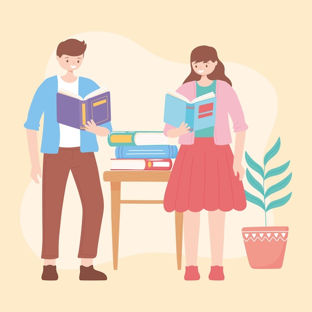 Niño y niña con libros leyendo y estudiando educación ilustración