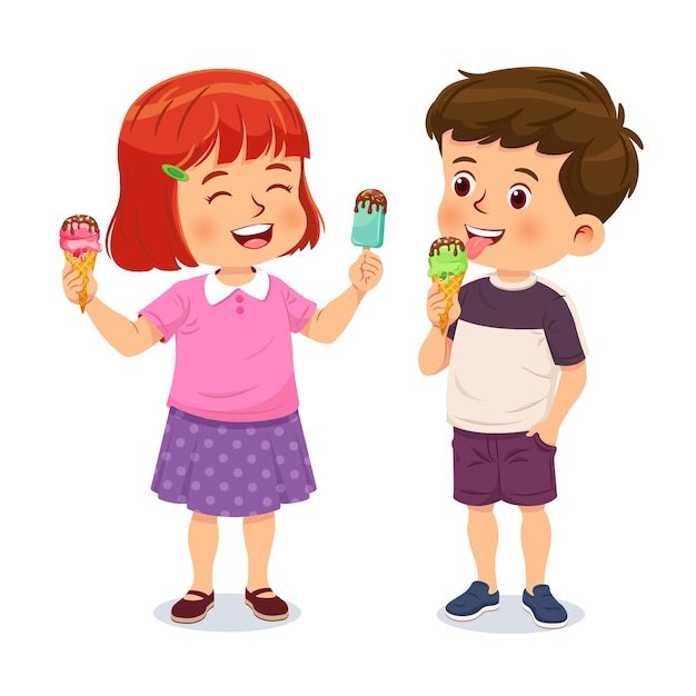 Vector un niño y una niña lindos disfrutan de un delicioso helado mientras se sienten felices