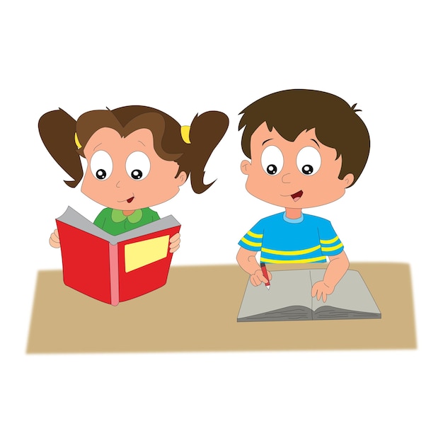 Un niño y una niña lindos leyendo un libro y un niño escribiendo en un cuaderno con un lápiz