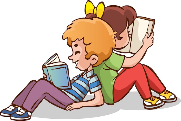 Un niño y una niña lindos sentados leyendo un libro en el piso para aprender un niño inteligente