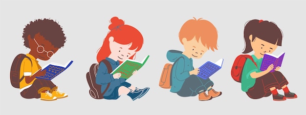 Vector niño y niña lindos sentados en el suelo y disfrutando de leer un libro niño leyendo un libro vector aislado