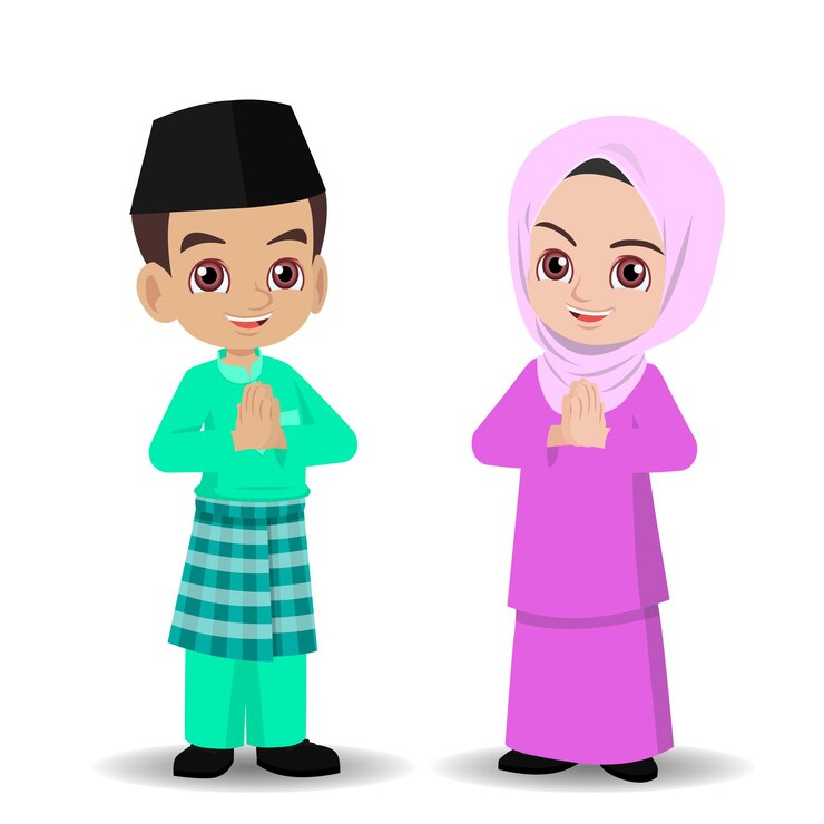 Niño y niña malayo en ropas tradicionales saludo Selamat Hari Raya