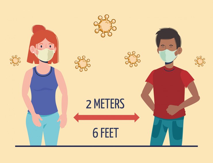 Niño y niña con máscara y prevención de distanciamiento