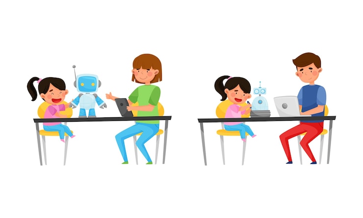 Vector niño y niña en la mesa de ingeniería y configuración de un conjunto vectorial de robots