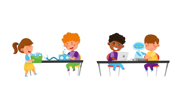 Niño y niña en la mesa de ingeniería y configuración de un conjunto vectorial de robots