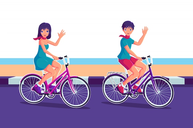 Vector niño y niña montando bicicleta personaje de dibujos animados ilustración