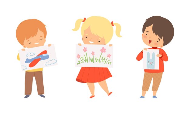 Niño y niña mostrando papel con dibujo o conjunto de ilustraciones vectoriales hechas a mano