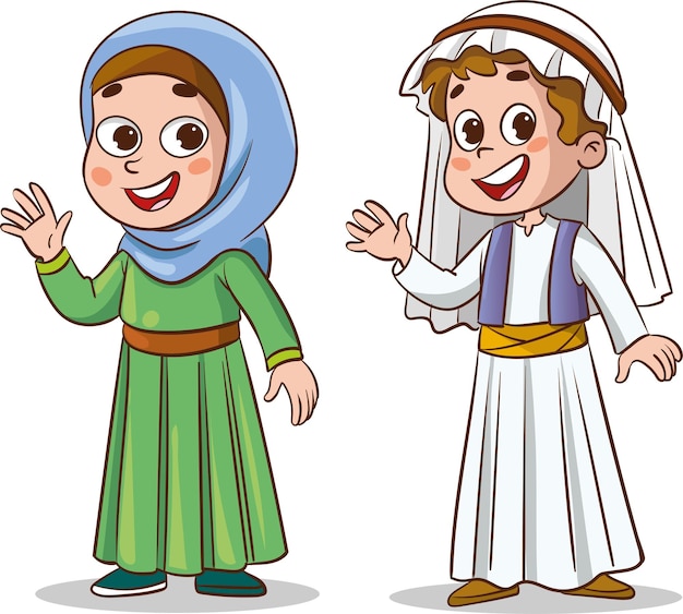 Niño y niña musulmanes con ropa tradicional Ilustración de clip art vectorial