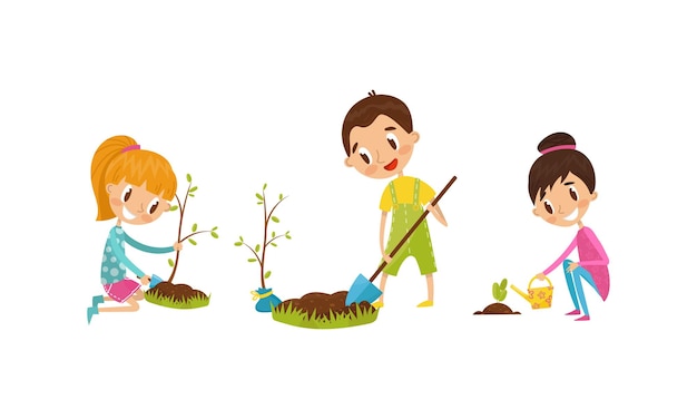 Niño y niña con pala plantando árboles y regando semillas Conjunto de ilustraciones vectoriales