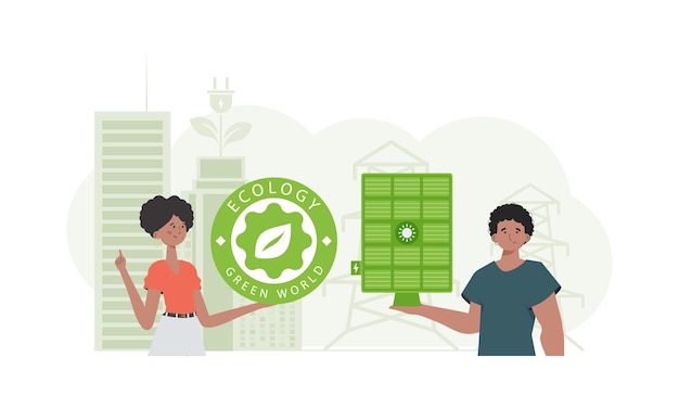 Niño y niña y panel solar Concepto de energía verde Vector