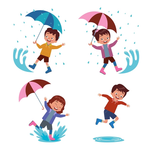 Un niño y una niña con un paraguas jugando felizmente en un charco de lluvia