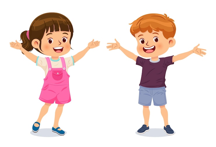 Vector el niño y la niña se paran levantando las manos y sonriendo juntos