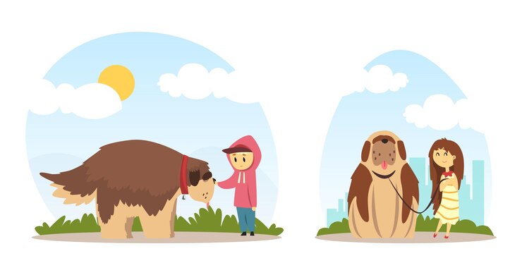 Vector niño y niña paseando a su perro con correa y cuello conjunto de ilustraciones vectoriales