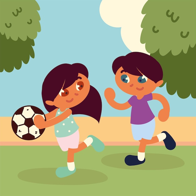 Niño y niña, con, pelota