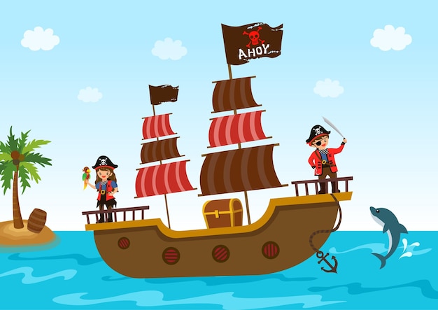 Vector niño y niña pirata con barco y cofre del tesoro en el océano.