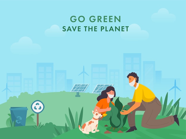 Niño y niña plantando con carácter de perro en el fondo del ecosistema para go green save the planet durante el coronavirus.