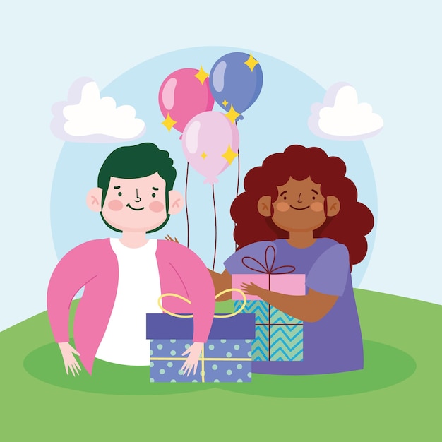 Niño y niña con regalos y globos celebración ilustración de dibujos animados