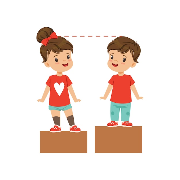 El niño y la niña se regocijan juntos mientras están de pie en el podio de los ganadores ilustración vectorial en un blanco
