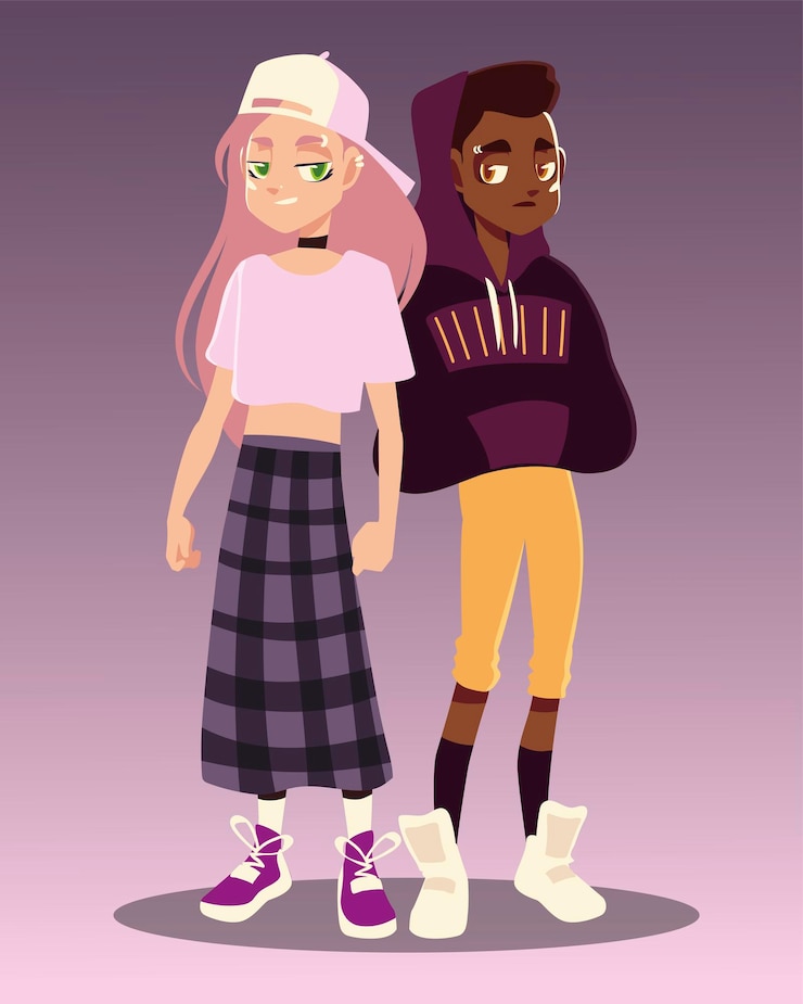 Vector niño niña con ropa de moda, ilustración de cultura joven