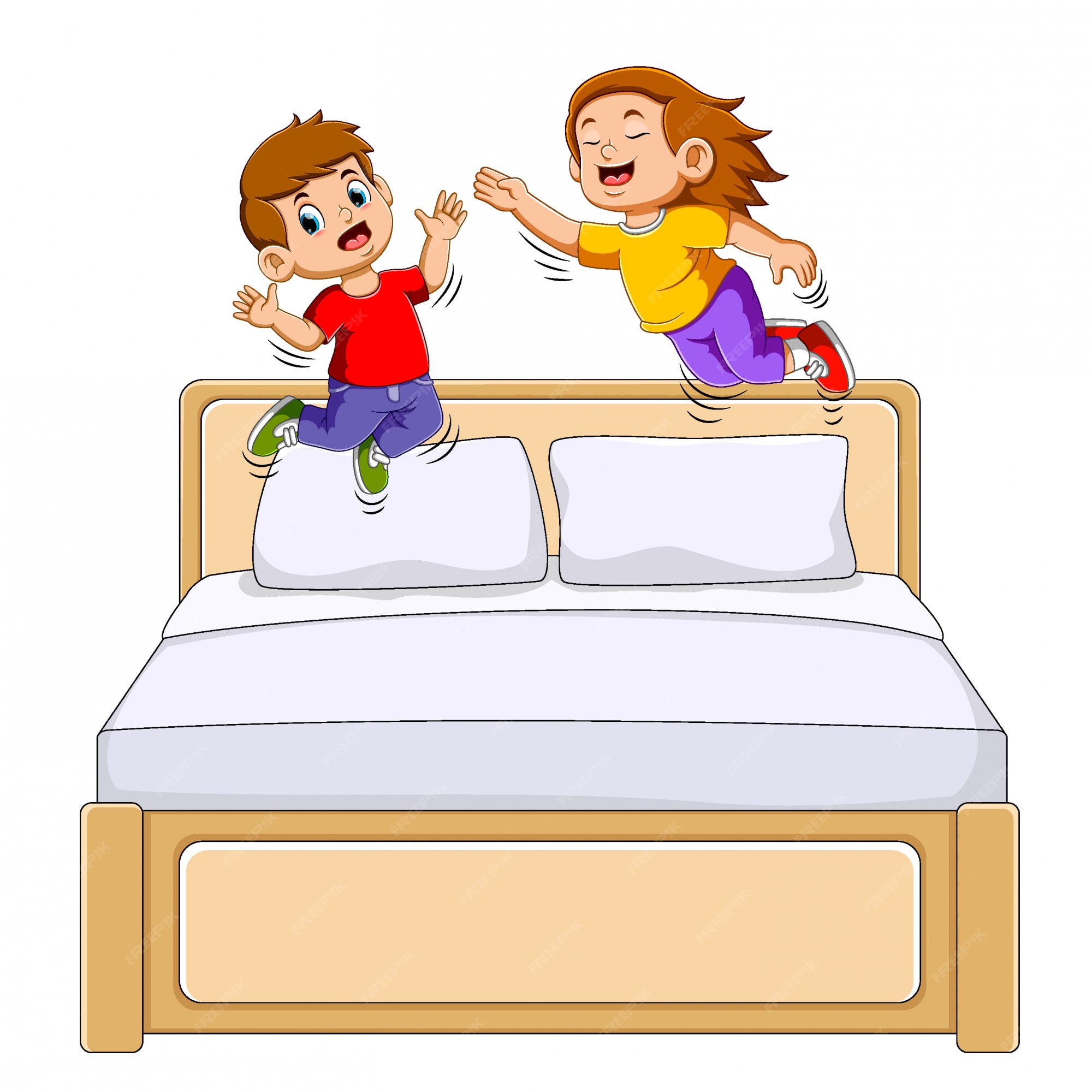 Niño y niña saltando en la cama | Vector Premium Niño y niña saltando en la cama | Vector Premium